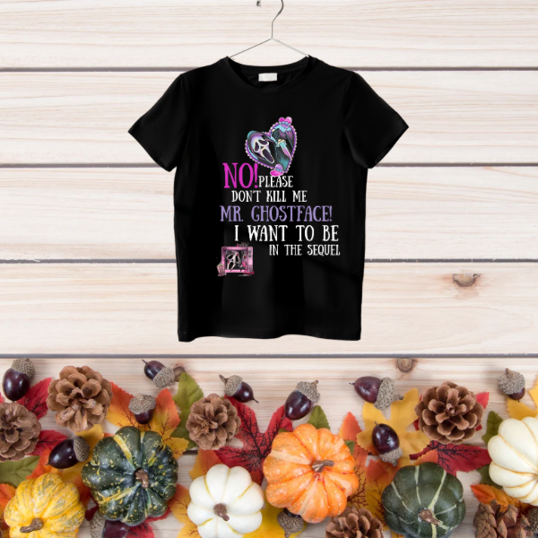 Black hanging t shirt with pink and purple horror heart graphic and distressed plea text to Mr. Ghostface graphic t-shirt