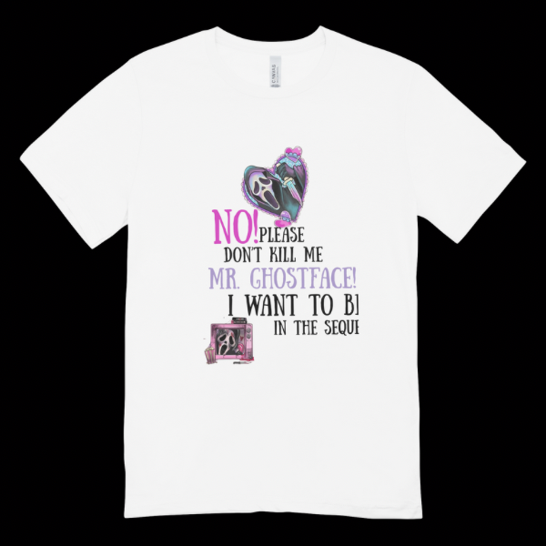 White cotton Mr. Ghostface graphic t-shirt with pastel purple and teal ghostface heart and horror movie text