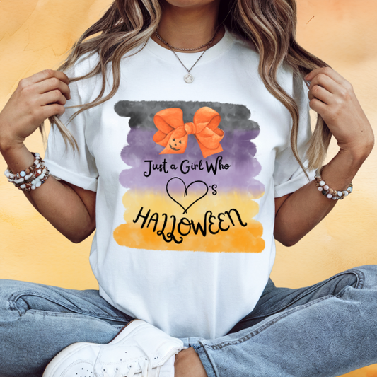 Just a Girl Halloween t-shirt white womens tee with watercolor black purple orange stripes and pumpkin bow design